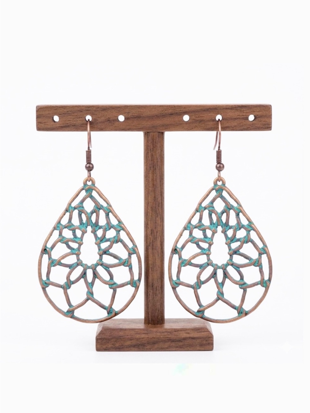 New Bohemian Cut Out Floral Dream Catcher Copper Turquoise Dangle Earrings